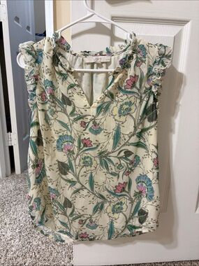 LOFT Cream Floral Ruffle Sleeve V-Neck Camisole